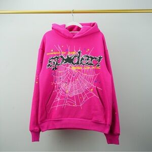 Vibrant Pink Hoodie with Spider Web Graphic
